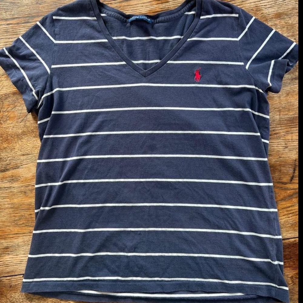 Ralph Lauren Dark Blue V-Neck Tee with White Stripes
